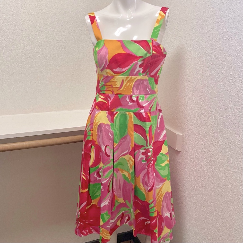 American Living Cheery Abstract Floral Pleated, Empire Waist Dress Sz 4